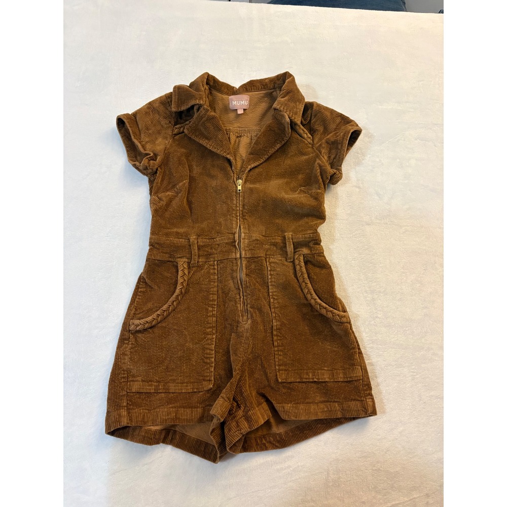 Show Me Your Mumu Corduroy Romper Brown Short Sleeve Zip Front Utility Size L